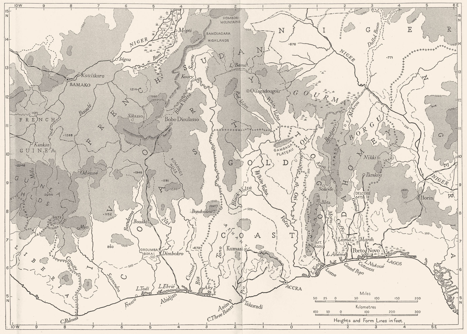 GUINEA. physical and geology. The Guinea Coast Basins 1943 old vintage map
